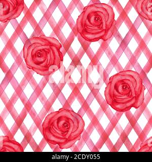 Hintergrund mit Aquarell rosa rote Rosen auf diagonalen roten Streifen kariert Karo nahtlose Muster. Aquarell handbemalt gestreift alte Grunge Textur. Stockfoto