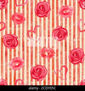 Vintage rot Hintergrund mit Aquarell Herzen, Lippen, Rosen auf Streifen nahtlose Muster. Aquarell handbemalt gestreift alte Grunge Textur. Drucken für Stockfoto