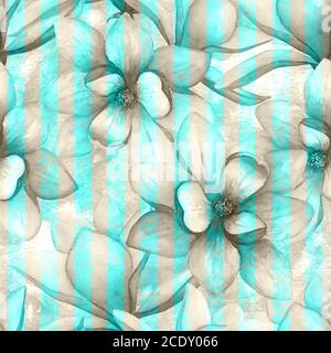 Aquarell schöne Magnolie Blumen auf Streifen blaugrün nahtlose Muster Hintergrund. Aquarell handgezeichnet Frühling abstrakt gestreifte Textur. Drucken Stockfoto