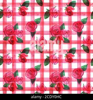 Hintergrund mit Aquarell rosa rote Rosen auf roten Streifen kariert nahtlose Muster. Aquarell handbemalt gestreift alte Grunge Textur. Print für textil Stockfoto