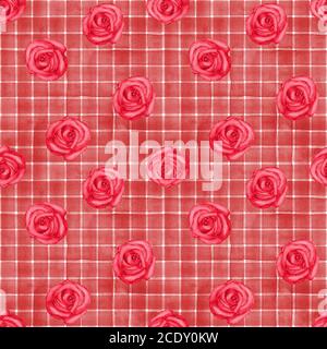 Hintergrund mit Aquarell rosa rote Rosen auf roten Streifen kariert nahtlose Muster. Aquarell handbemalt gestreift alte Grunge Textur. Print für textil Stockfoto