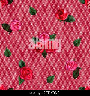 Hintergrund mit Aquarell rosa rote Rosen auf roten Streifen kariert nahtlose Muster. Aquarell handbemalt gestreift alte Grunge Textur. Print für textil Stockfoto
