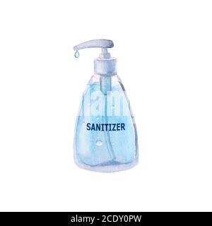 Aquarell-Desinfektionsmittel blaues Gel für die Handhygiene isoliert auf weißem Hintergrund. Aquarell handgezeichnete Illustration. Coronavirus-Prävention. Corona-Virus Stockfoto