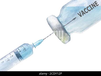 Aquarell geschnitten Kunststoff medizinische Spritze mit Glas Ampulle Fläschchen mit Impfstoff isoliert auf weißem Hintergrund. Handgezeichnete Aquarellillustration. Konzept Stockfoto
