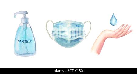 Virenschutz-Set mit handgezeichneter Aquarell-Gesichtsmaske, Hand, Wassertropfen, Desinfektionsgel für die Handhygiene isoliert auf weißem Hintergrund. Aquarell Stockfoto