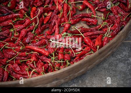 Chilischote in einer Weidenschale trocknen Stockfoto