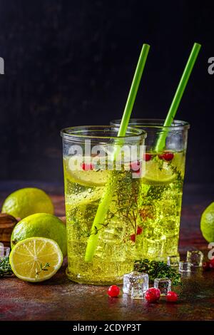 Limettenlemonade mit Thymian, Preiselbeere und Eis. Stockfoto