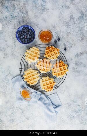 Hausgemachte belgische Waffeln mit Beeren serviert Stockfoto