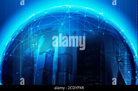 3d-Rendering von Weltkugel mit polygonalen Verbindungen und Stadtbild Doppelte Explosure Stockfoto