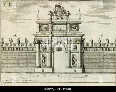 . Descrizione dell' arco trionfale e della illuminazione fatta nella pubblica piazza di Vicenza la notte 12 novembre 1758 per la gloriosissima esaltazione alla dignità cardinalizia di Sua Eminenza Reverendissima signor Antonio Marino Priuli, vescovo della medesima città, dedicata agl' illustrissimi SIG. deputati di Vicenza . C - J?a //sic yct Co l/zc ert//r?o &lt;fc o /,- IO ri Deputati, i quali decretando la folenne Pompa, oltre laverdimoltrato quanto loro ftia a cuore il decoro della propria Pa-tria, diedero a divedere ancora quali onorati fentimenti di tuv Stockfoto