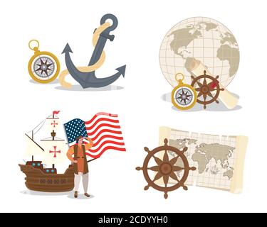 Christopher Columbus Karikatur mit Schiff und Icon-Set Vektor-Design Stock Vektor