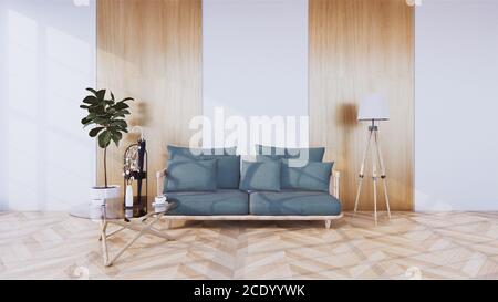 Die vordere Ecke mit dem grauen Sofa in der Mitte Des Raumes Wandgestaltung auf dem Boden Holzfliese.3d-Rendering Stockfoto