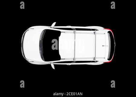 Moderne weiße SUV-Auto isoliert auf schwarzem Hintergrund. Draufsicht des weißen Autos isoliert über schwarzem Hintergrund mit Clipping Pfad. Luftaufnahme isoliertes Auto Stockfoto