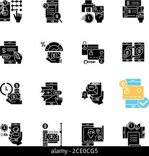 Mobile Banking-Service schwarze Glyphen Symbole auf weißen Raum gesetzt Stock Vektor