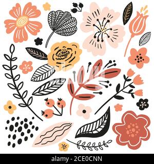 Vektor Blumenmuster Illustration in Herbst Trend Farben. Flache Blüten, Blütenblätter, Blätter mit und Doodle-Elementen. Collage Stil botanischen Hintergrund Stock Vektor