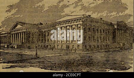 . Washington, was man sehen und sehen kann. Ein Sightseeing-Guide .. . PATENTAMT ALLGEMEINE POST. 57 ist 250XI80, hat einen Grabstein Keller und Stuckoed Überbau, und auf der S. Front, Ionic Porticoes. Es war früher das Rathaus, ist aber jetzt von den Gerichten der U. S. und des Bezirks von Kolumbien okkiert. An der 5th St., W. die Autos biegen N. und an der F St., W. die immense Backsteinstruktur. INTERIOR DEPARTIVIENT, (PATENTAMT.) auf dem N. Teil des Judiciary Square, ist die U. S. Pension Building, 400x200 und 75 hoch. Es ist durchgehend feuerfest. Der Fries über die erste Geschichte bestehen Stockfoto