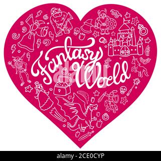 Schöne Sammlung von Fantasy-Zeichen und Symbole in der rosa Form des Herzens auf weißem Hintergrund Stock Vektor