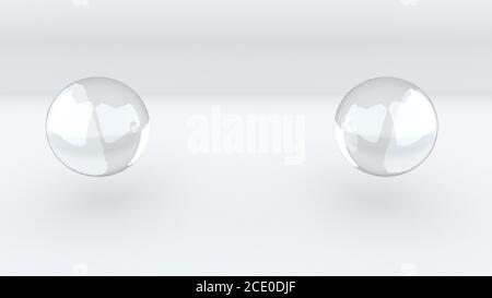 3D-Rendering abstrakter Hintergrund. Computergenerierte zwei Glasmetaballs verschmelzen zu einem Stockfoto