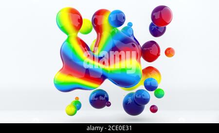 Abstrakte geometrische Kunst mit schwebenden flüssigen Blobs, computergeneriert. 3d-Rendering-Farbmetaballen Stockfoto