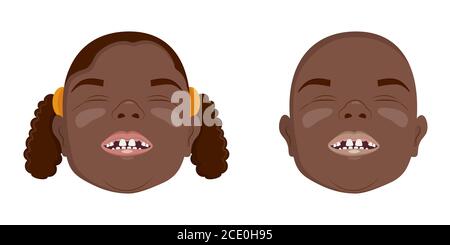 Afrikanische zahnlose Jungen und Mädchen lächeln, gefallene Milchzähne, Vektor-Illustration. Stock Vektor