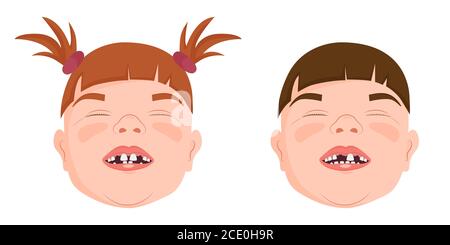 Zahnlose Jungen und Mädchen lächeln, zeigt gefallene Milchzähne, Vektor-Illustration. Stock Vektor