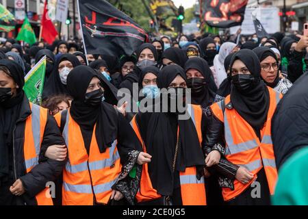 London 30. August 2020 Aschura Tag Veranstaltung für schiitische Muslime im Zentrum von London. Für schiitische Muslime ist Ashura ein feierlicher Tag der Trauer um das Martyrium Husseins im Jahr 680 n. Chr. in Karbala im Irak. Es ist geprägt von Trauerritualen und Passionsspielen, die das Martyrium nachspielen. Die Veranstaltung fand im Hyde Park mit einem marsch in der Oxford Street Quelle: Ian Davidson/Alamy Live News Stockfoto