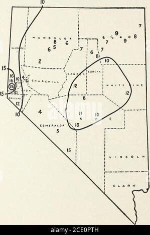 . Trockenbau in Bezug auf Niederschläge und Verdunstung . Abb. 12. – Niederschlagskarte von Nebraska. Die Zahlen zeigen die durchschnittliche jährliche Niederschlagsmenge in Zoll. Abb. 13. – Niederschlagskarte von Nevada. Die Zahlen zeigen die durchschnittlichen jährlichen Niederschläge in Zoll.188 NORMALE NIEDERSCHLÄGE DER westlichen STAATEN. 30 Stockfoto