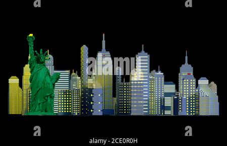 Nahaufnahme einer neonfarbenen New Yorker Stadt mit Pixelkunstziegeln, die auf schwarzem Hintergrund isoliert sind. 3D-Illustration in isometrischer Perspektive mit Freiheitsstatue. Stockfoto