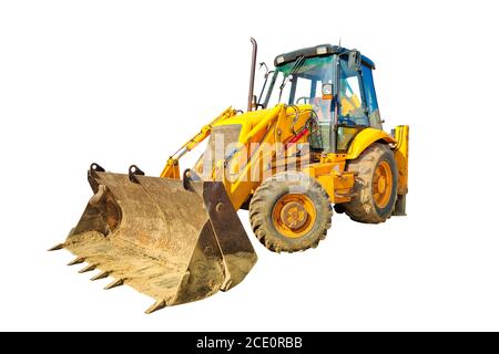 Seitenansicht der Bulldozer auf Rädern für Minen und Gruben für Bauarbeiten isoliert auf weißem Hintergrund mit Kopierraum. Arbeit in Arbeit, Industrie Stockfoto