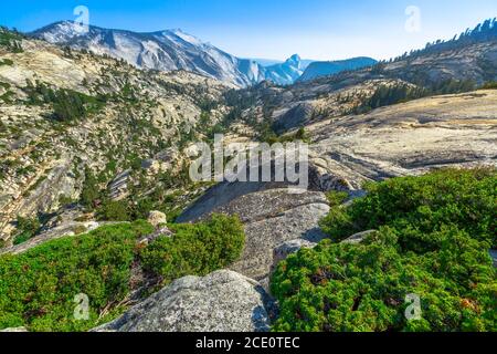 Panorama von Olmsted Point, an der Tioga Pass Road im Yosemite National Park, California, USA. Wolken Rest ist auf der linken Seite, Half Dome ist auf der Stockfoto