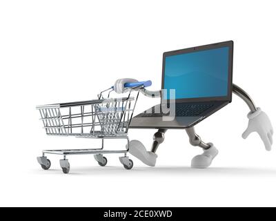 Laptop Charakter mit Warenkorb auf weißem Hintergrund Stockfoto
