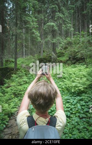 Wanderreisender, der mit einer Smartphone-Kamera einen Wald fotografiert. Abenteuer Fotoaufnahmen Stockfoto