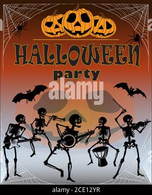 Halloween Poster, Skelett, eine Partei von Skeletten, Schädel, Illustration, Symbol, stilisierte Bild, Grafiken, Schädel, Kopf, Vektor, Symbol, Zeichnung, Bild Stock Vektor