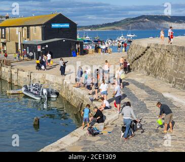 Lyme Regis, Dorset, Großbritannien. August 2020. UK Wetter: Strandgänger und Familien strömen in den Badeort Lyme Regis am Sonntag an den Feiertagen, um den letzten heißen Sonnenschein zu genießen. Familien genießen und am Nachmittag Krabbenfischen und Angeln im Cobb Hafen. Kredit: Celia McMahon/Alamy Live Nachrichten Stockfoto