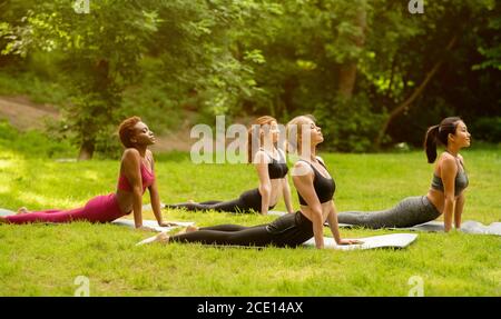 Seitenansicht von verschiedenen jungen Damen in Sportkleidung Kobra Pose während ihrer Yoga-Klasse im Freien, kopieren Raum Stockfoto