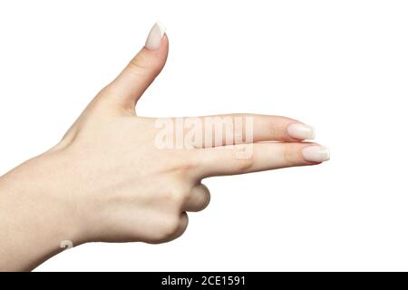 Weibliche Hand mit Frau professionelle natürliche frenchnails Maniküre auf weiß Stockfoto