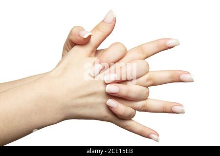 Weibliche Hände mit Frauen professionelle natürliche frenchnails Maniküre auf weiß Hintergrund Stockfoto