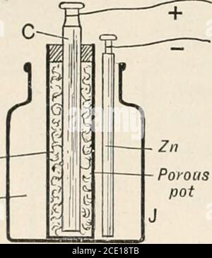 . Ein Textbuch der Physik, für den Einsatz von Studenten der Wissenschaft und Technik. Version von einigen oxidierenden Reagenz, um den Wasserstoff zu entfernen, wie itis befreit. So wird in der Bichromatzelle Kaliumbichromat der Schwefelsäurelösung hinzugefügt und Kohlenstoff als Positiveplatte verwendet. In den Bunsens und Groves Zellen starke Salpetersäure ist das oxidierende Reagenz, und umgibt die positive Platte, die ofjcarbonor Platin ist. Aber die einzige Zelle dieser Art, die in irgendeiner Weise atthe gegenwärtige Zeit verwendet wird, ist die Lecianciie Zelle, weil es keine widerspruchs-fähigen Dämpfe von ihr gibt und sie einen faircurrent für gibt Stockfoto