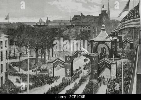 Usa, Ohio, Cleveland. James A. Garfield (1831-1881) Beerdigung. September 26, 1881. Panorama der Garfield obsequies in Cleveland Square, während Garfield Körper wurde für die Beerdigung in Lake View Friedhof getragen. Stich von Bernardo Rico (1825-1894). La Ilustracion Española y Americana, 1881. Stockfoto