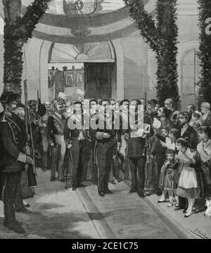 Spanien, Extremadura, Provinz Caceres, Valencia de Alcántara. König Alfonso XII. Von Spanien (1857-1885) und König Luis I. von Portugal (1838-1889) anlässlich der Einweihung der Eisenbahnlinie Madrid-Lissabon, 8. Oktober 1881. Die Könige verlassen den Bahnhof. Lebenszeichnung von Juan Comba. Gravur von Vela. La Ilustracion Española y Americana, 1881. Stockfoto