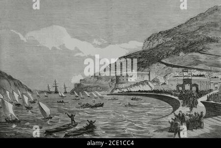 Spanien. Reise der spanischen Königsfamilie an die kantabrische Küste. König Alfonso XII (1857-1885), Königin Maria Cristina (1858-1929) und die Infantas Paz und Eulalia. Ausschiffung der königlichen Familie im Hafen von Santoña, am 12. September 1881. Lebenszeichnung von Rafael Monleón. Gravur von Ricord. La Ilustracion Española y Americana, 1881. Stockfoto