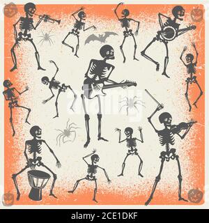 Skelett, Halloween, Musiker, Gitarrist, Schlagzeuger, Trompeter, Tanz, Tänzer, Gitarre, Banjo, Violine, Trompete, Skelett, Geist, Spektren, Erscheinung Stock Vektor