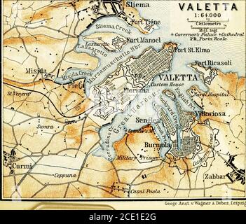 . Italien: handbuch für Reisende. Dritter Teil, Süditalien und Sizilien . ^^0%*-«»,,™ VALETTA 1:64.000 Gouverneure Jalace ^CathedralVK.Jortn Rcale. Geogr Anst /^VA^ner ADebes Leipzig Stockfoto