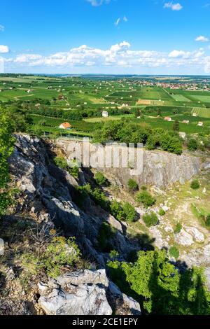 Blick auf Villany Weinberge in Blocks vom Szarsomlyo Hügel Oben mit kleinen Häusern Stockfoto