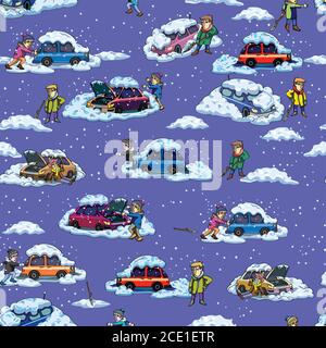 Auto, kaputtes Auto, Auto im Schnee stecken, Winter, Schnee, Schneewehe, Schneewehe, Gefahr, Problem, Vektor, Logo, Silhouette, Design, Satz, Illustration Stock Vektor