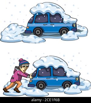 Auto, kaputtes Auto, Auto im Schnee stecken, Winter, Schnee, Schneewehe, Schneewehe, Gefahr, Problem, Vektor, Logo, Silhouette, Design, Satz, Illustration Stock Vektor