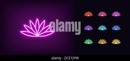 Symbol für die Neon-Lotusblume. Leuchtendes Neon Lotus Symbol, Seerose in lebendigen Farben. Yoga und Meditation, Schönheit und Wellness, Harmonie und Entspannung. Symbol Stock Vektor
