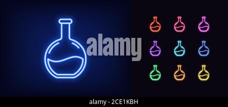 Symbol für Neonbecher. Leuchtendes Neon-Laborschild, klinische Forschung in lebendigen Farben. Medizinische Erforschung, Analysetest, chemisches Experiment, Impfstoffentwicklung Stock Vektor