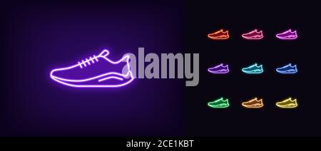 Neon Sneaker Icon. Leuchtendes Neon-Sneaker-Schild, Sportschuh in lebendigen Farben. Mode Laufschuhe, Night Fitness Marathon, Online-Shopping. Symbolsatz, Stock Vektor