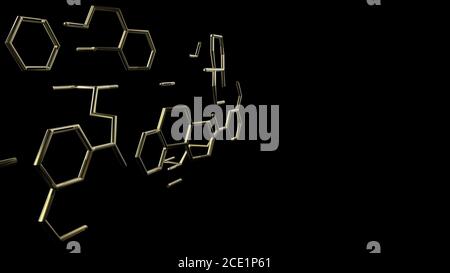 3d Gold Metall Sechsecke auf schwarzem Hintergrund HD Struktur Molekül Kommunikation. DNA, Atom, Neuronen. Wissenschaftliches Konzept. Verbundene Leitungen mit do Stockfoto